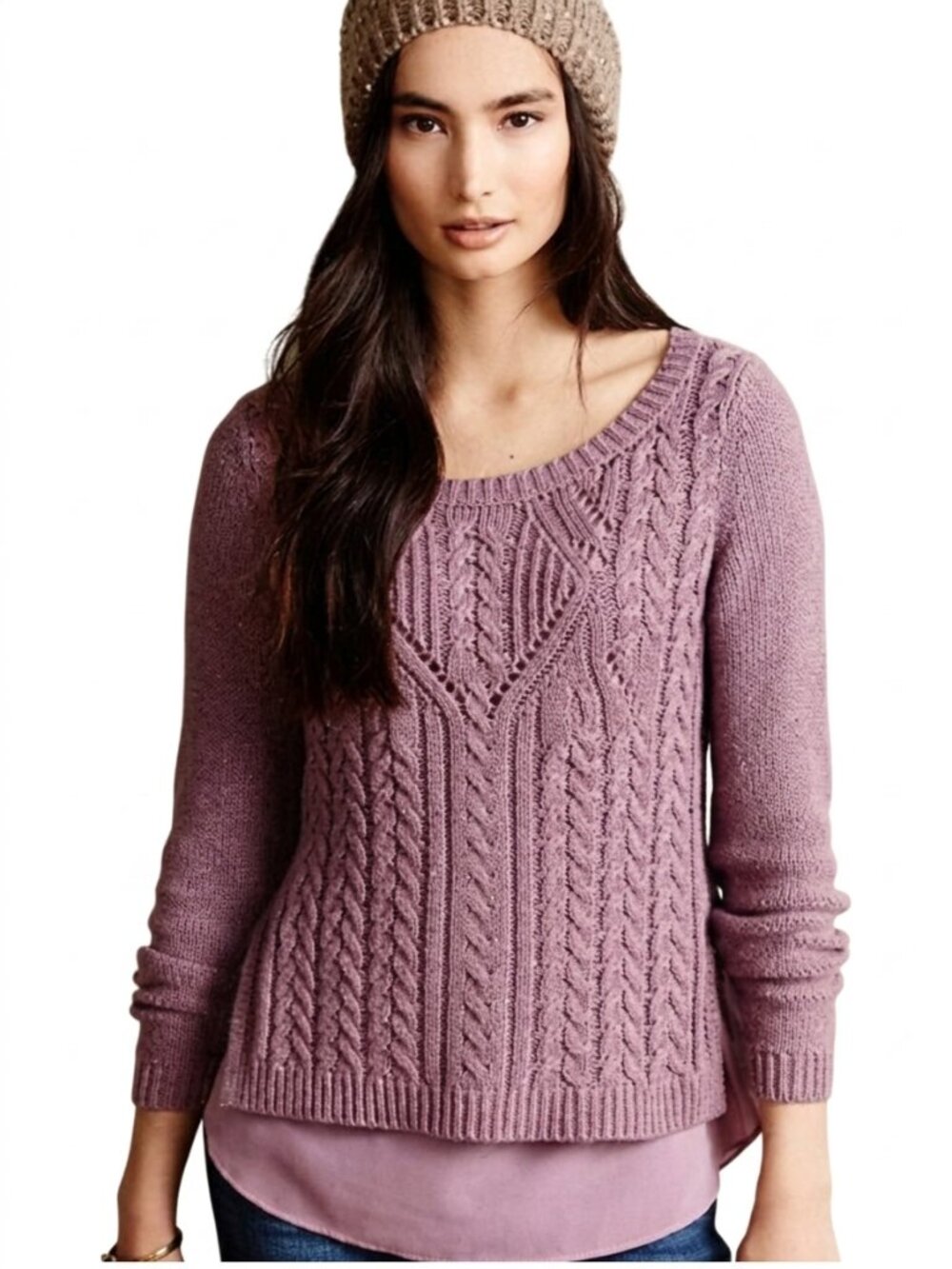 Anthropologie Moth Ella Cable Knit Layered Sweater M Mauve Twofer Blouse Hem